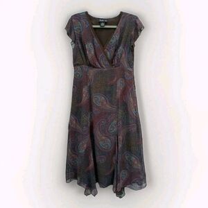 Womens Y2K Fairy Babydoll Paisley Midi Dress 8 Handkerchief Hem Brown Whimsical